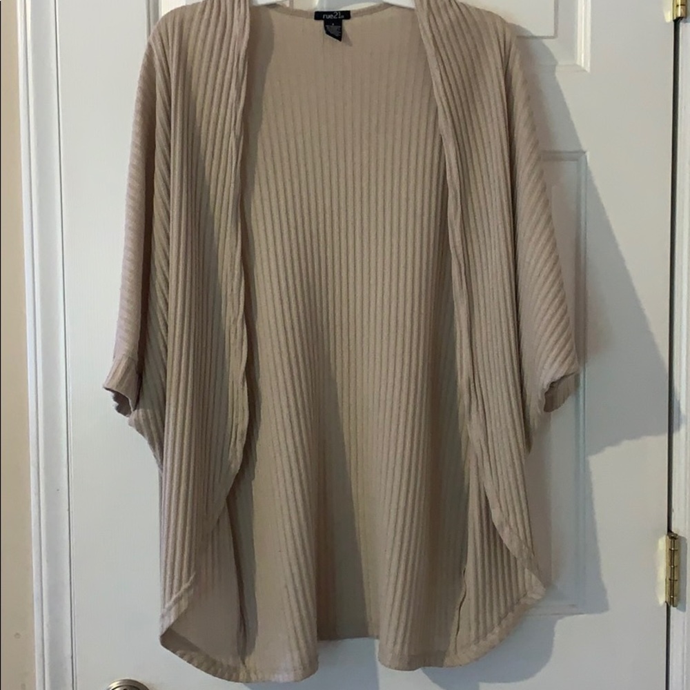 Beige Ribbed 3/4 Quarter Sleeve Cardigan